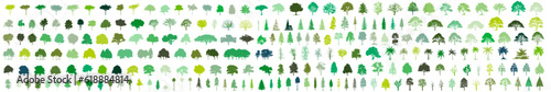 silhouette green tree line drawing set, Side view, set of graphics trees elements outline symbol for architecture and landscape design drawing. Vector illustration in stroke fill in white. Tropical