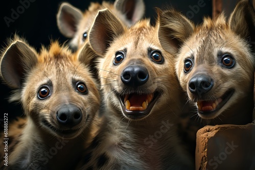 A pack of smiling baby hyenas on dark background looking attentively into camera. AI Generated.
