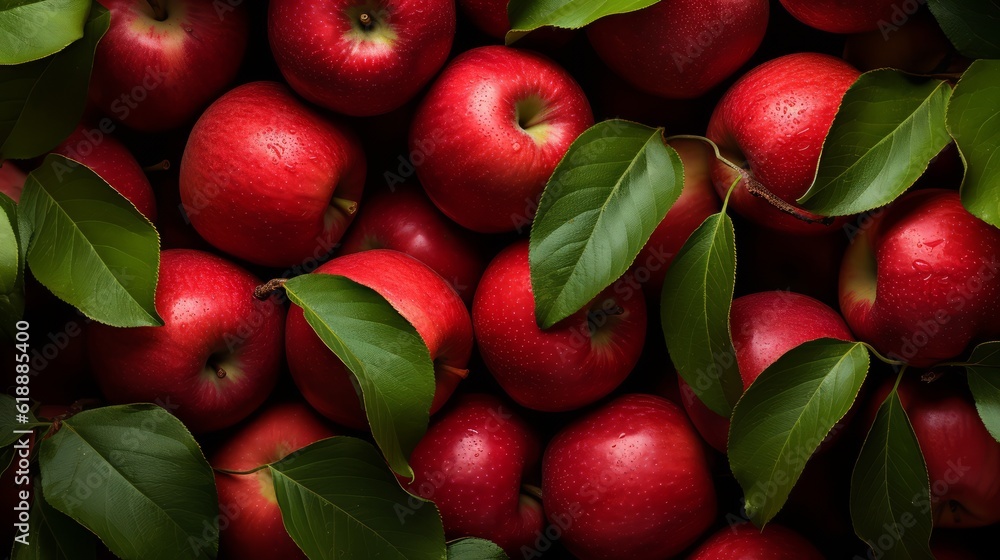 Obraz premium Red apples with green leafs close up. Horizontal format, for advertising, banner, site. Photo AI generated.