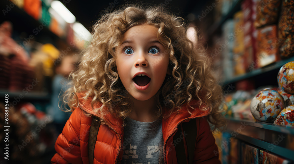 Joyful Astonishment. Young Girl's Shocked Expression Amidst a Sea of Toys. Childhood Wonder. AI Generative Joyful Astonishment. Young Girl's Shocked Expression Amidst a Sea of Toys. Childhood Wonder. AI Generative