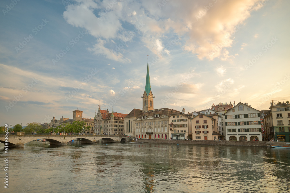 Beautiful sunset in the old town of Zurich, Switzerland.