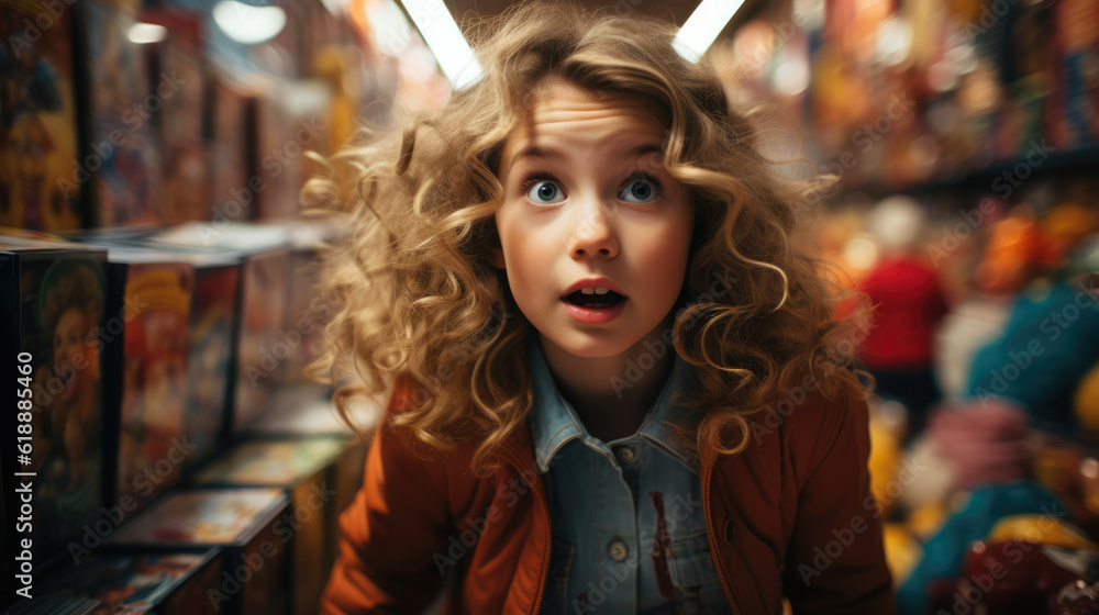 Fototapeta premium Joyful Astonishment. Young Girl's Shocked Expression Amidst a Sea of Toys. Childhood Wonder. AI Generative