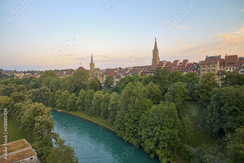 View of the Aar river at sunset as it passes through the city of Bern, Switzerland.