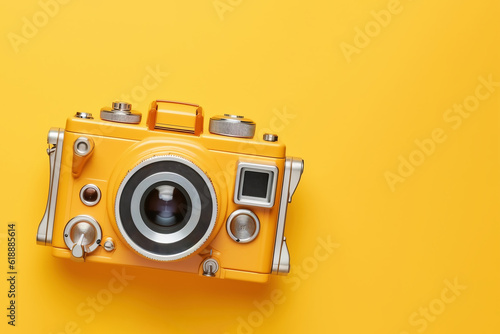 Retro style camera isolated on yellow background, ai generated