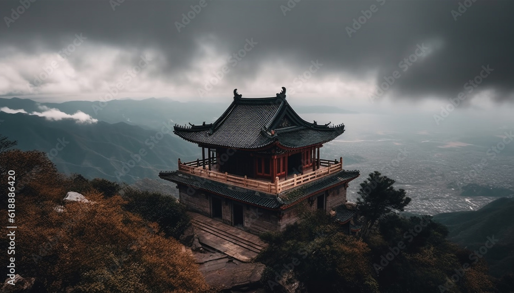 Majestic mountain range, ancient pagoda, dramatic sky generated by AI