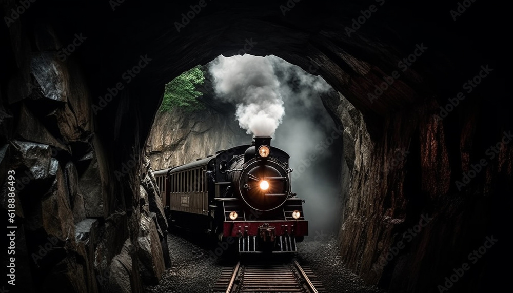 Fototapeta premium Steam locomotive chugs through mountainous forest landscape generated by AI