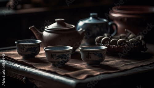 Hot tea in antique earthenware teapot set generated by AI
