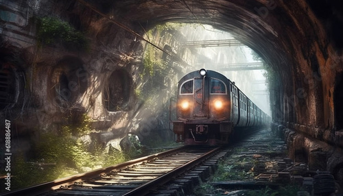 Steam train speeds through abandoned coal mine generated by AI