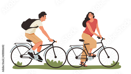Man and woman - romantic dates of a couple. The couple ride bicycles. Flat cartoon colorful vector illustration