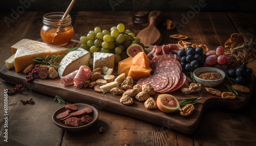 Gourmet meat and cheese plate with wine generated by AI