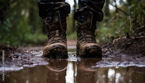 One person hiking in wet forest mud generated by AI