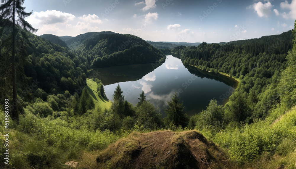Green trees, blue water, tranquil scene, beauty generated by AI Green trees, blue water, tranquil scene, beauty generated by AI