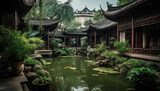 Tranquil pagoda surrounded by lush greenery and water generated by AI
