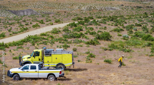 Wildland engine and crew engage in suppression activities on a vegetation fire