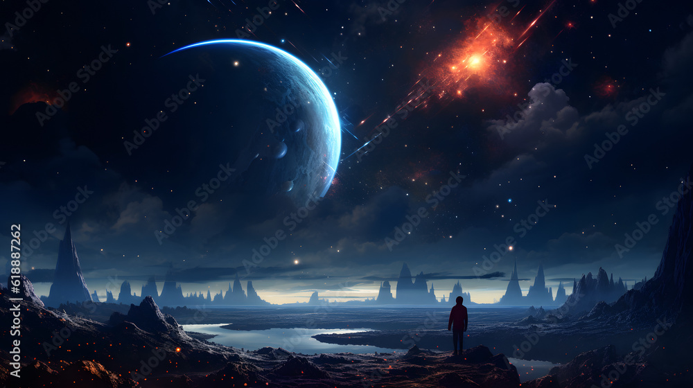 Fototapeta premium A space landscape featuring a couple planets and storms, in the style of depth of field, majestic, sweeping seascapes, captivating light, celestialpunk, nebula, starship