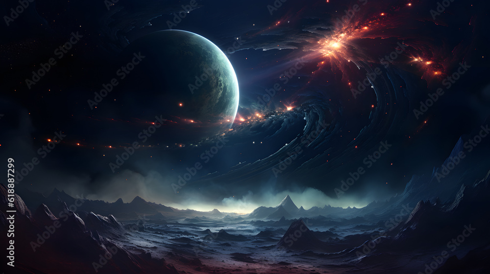 Obraz premium A space landscape featuring a couple planets and storms, in the style of depth of field, majestic, sweeping seascapes, captivating light, celestialpunk, nebula, starship