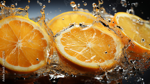 Slices of orange falling into water with splash water back Ai generated image