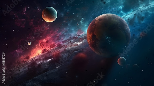 A space landscape featuring a couple planets and storms, in the style of depth of field, majestic, sweeping seascapes, captivating light, celestialpunk, nebula, starship © Pavel