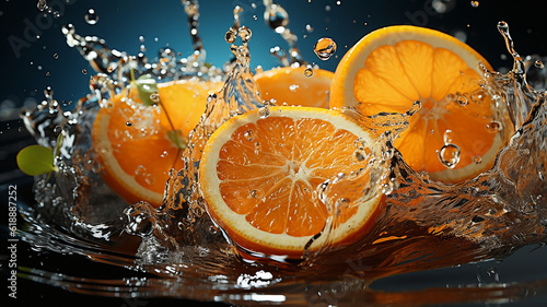 Slices of orange falling into water with splash water back Ai generated image