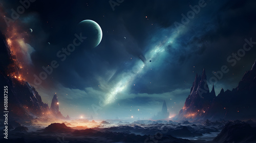 A space landscape featuring a couple planets and storms  in the style of depth of field  majestic  sweeping seascapes  captivating light  celestialpunk  nebula  starship