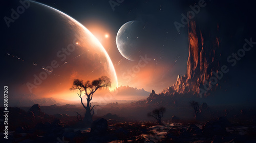 A space landscape featuring a couple planets and storms, in the style of depth of field, majestic, sweeping seascapes, captivating light, celestialpunk, nebula, starship