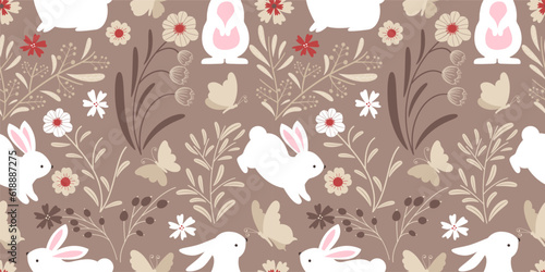 Cute Bunny In The Garden Seamless Pattern