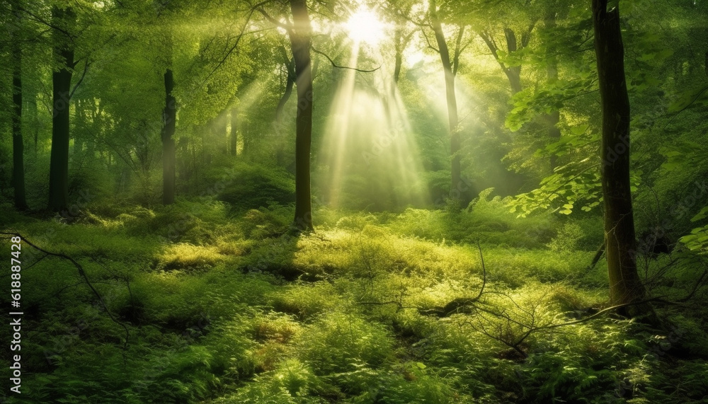 Tranquil forest path, sunlight reveals nature mystery generated by AI