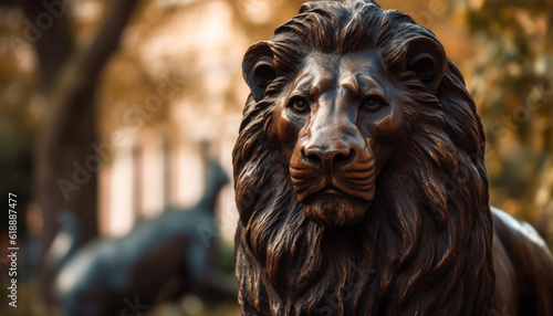 Majestic lion close up portrait, strength in focus generated by AI