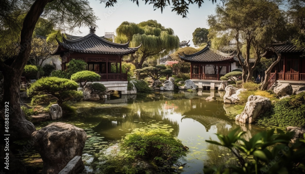 Fototapeta premium Ancient pagoda reflects tranquil sunset over pond generated by AI