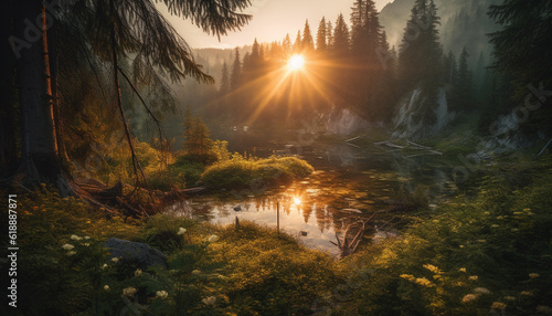 Tranquil scene of autumn forest by pond generated by AI