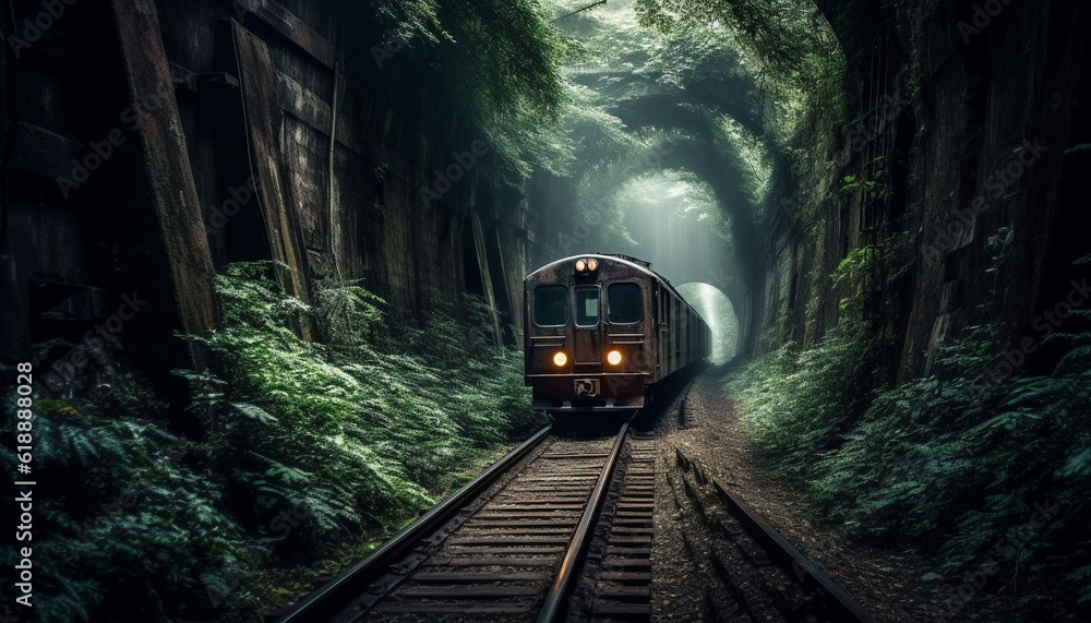 Old locomotive speeds through dark forest landscape generated by AI