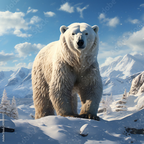 portrait of a polar bear standing on a snowy ground, blue sky with some clouds and high mountain peaks in the background, whole silhouette © Christopher