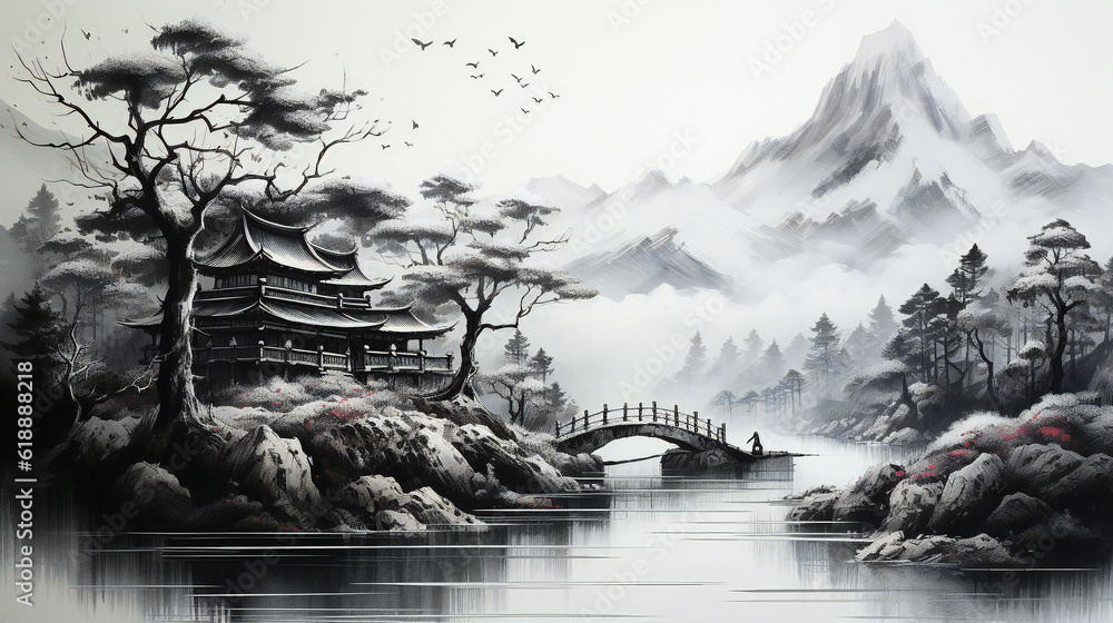 monochromatic, grayscale chinese temple by the river with a bridge and a high mountain in the background
