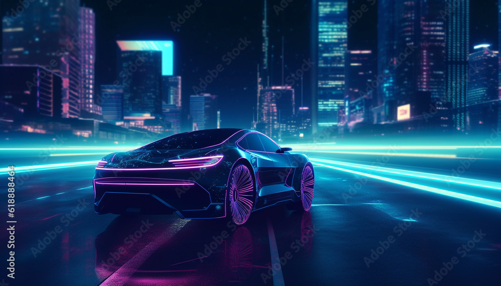 Fototapeta premium Futuristic sports car igniting city skyline reflection generated by AI