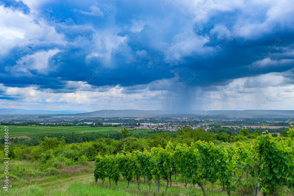 View of the vineyards near Bretzenheim/Germany in Rheinhessen with an approaching thunderstorm