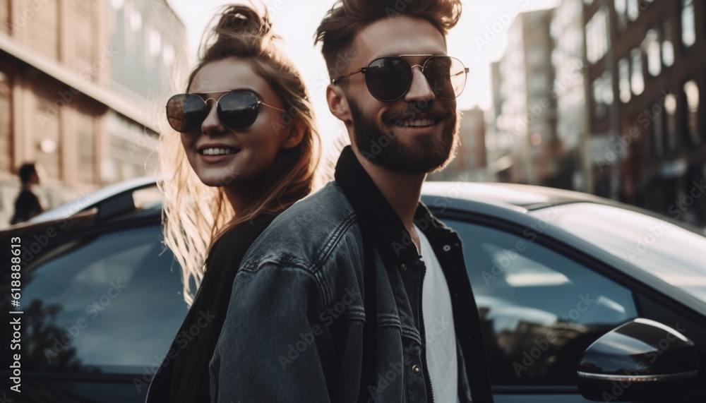 Young couple driving, enjoying summer road trip generated by AI Young couple driving, enjoying summer road trip generated by AI