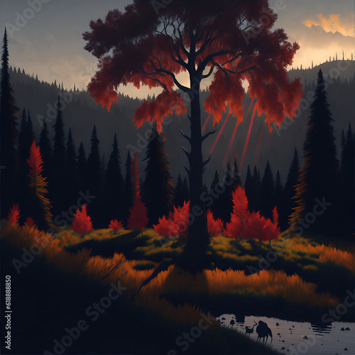 Deep forest, highland landscape. AI generated illustration © vector_master