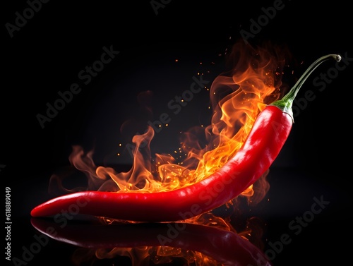 Red hot chilli pepper in fire on dark background