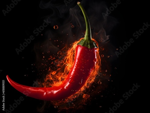 Red hot chilli pepper in fire on dark background