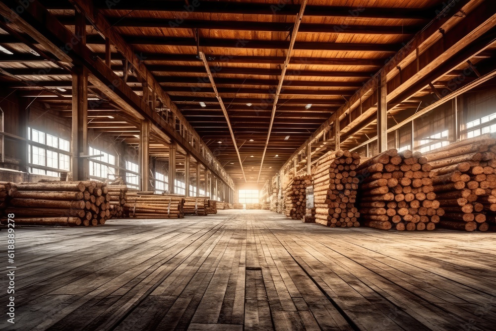 Sunlit Lumber Warehouse: Stacks of Timber in Rustic Wooden Structure Sunlit Lumber Warehouse: Stacks of Timber in Rustic Wooden Structure