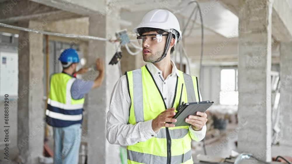 Two men builders using touchpad at construction site Two men builders using touchpad at construction site