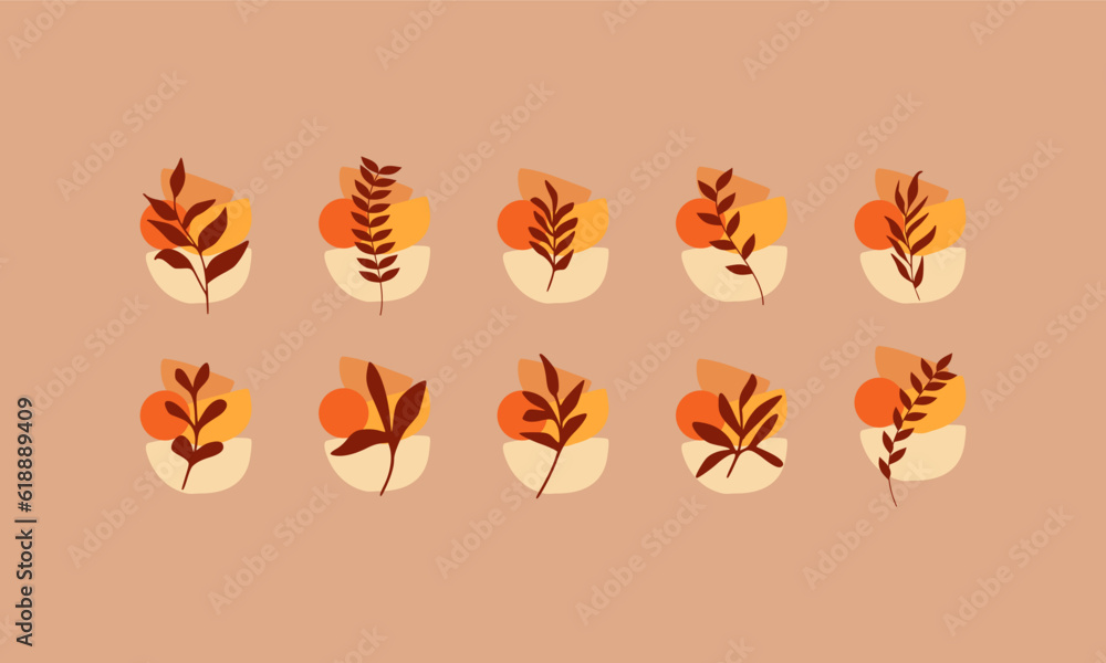 Autumn leaves collections with organic shapes element. Leaves elements collection. Set of autumn leaves element.