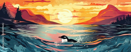 Swimming penguin in clear open water with sunset light, panorama. Generative Ai.