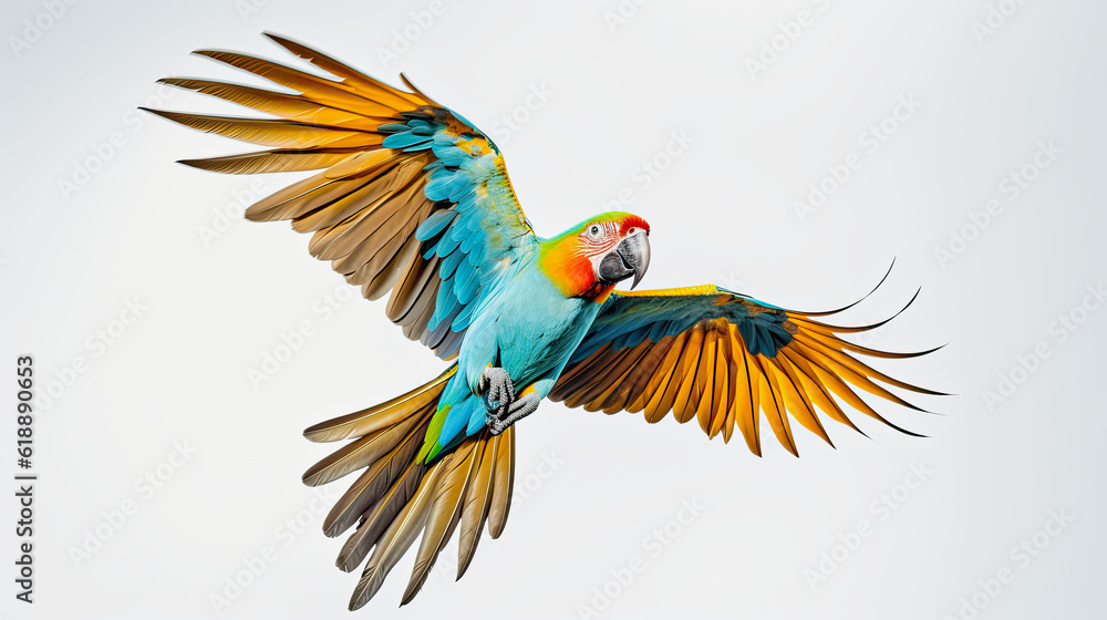 generative ai illustration of a flying blue parrot against white background