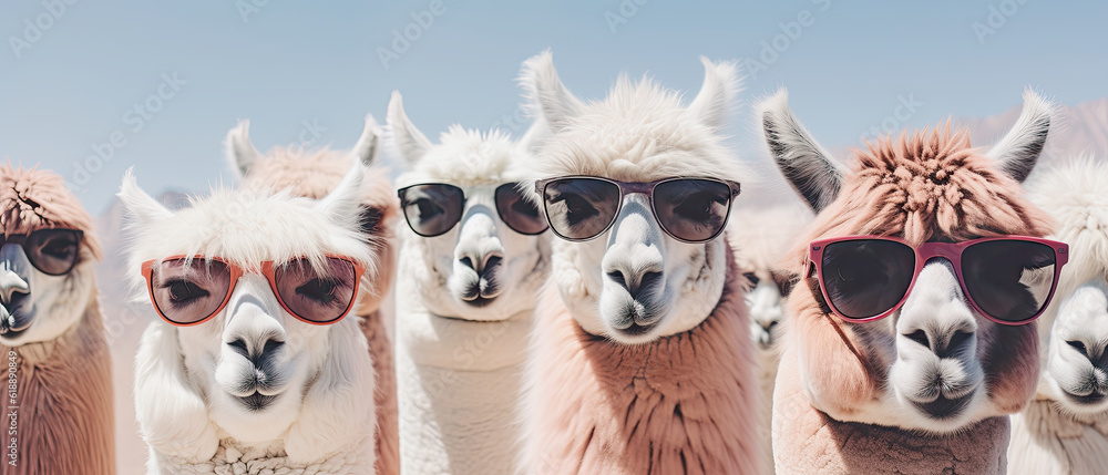 generative ai illustration of alpaca portraits with sunglasses on alpaca farm