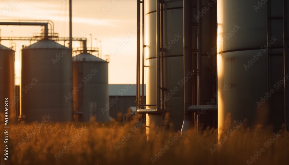 Fototapeta premium Sunset silhouette of factory fuel storage tank generated by AI