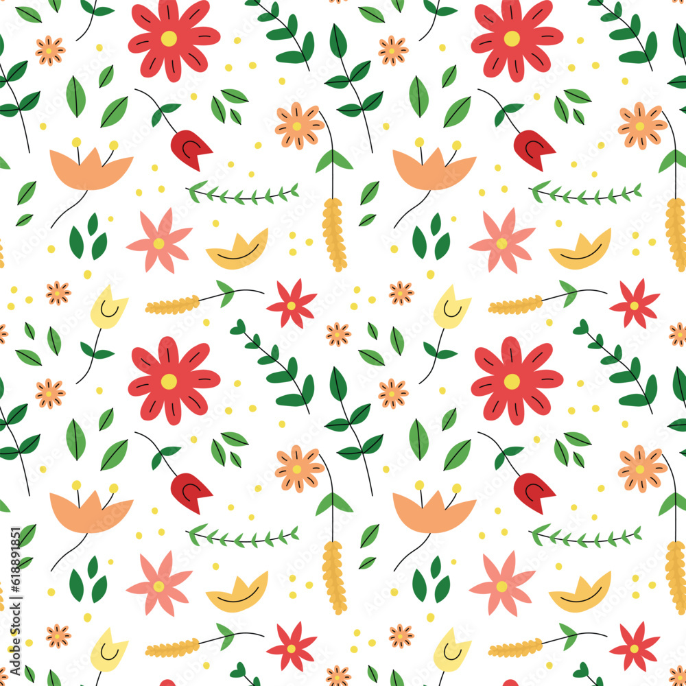 Seamless floral colorful pattern in retro doodle scandinavian style. Red and pink plants.