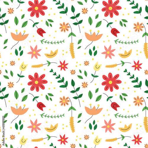 Seamless floral colorful pattern in retro doodle scandinavian style. Red and pink plants.