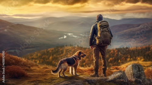 Journey of a man with a dog around the world among mountains and canyons with forests. Content created with AI © Ренат Хисматулин