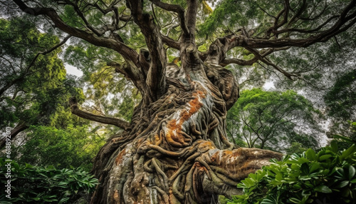 Ancient banyan tree sculpture, spirituality in nature generated by AI